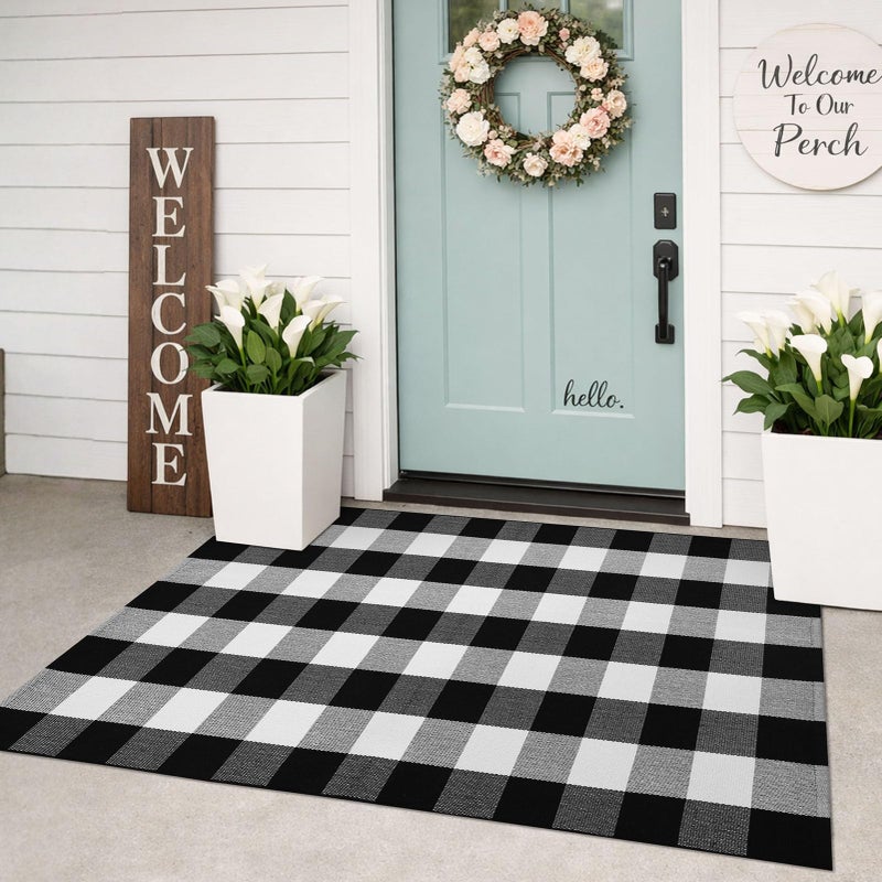 KILOCOCO Buffalo Plaid Checkered Rug - 3'x5' Front Door Mat Outdoor,Black and White Rugs Cotton Washable Front Porch Rug Layered Doormats for Patio Farmhouse Entryway Kitchen Foyer - Image 1